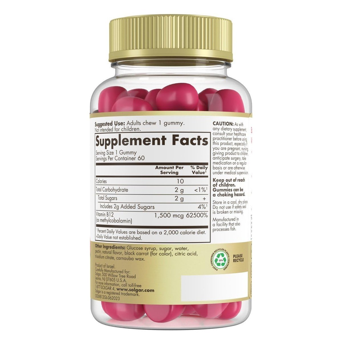 Solgar Methyl B12 Gummis für Erwachsene - 1.500 mcg Hochdosiertes Vitamin B12 für Energie & Stoffwechselunterstützung, Himbeergeschmack, Vegan & Glutenfrei, 2-Monatsvorrat, 60 Portionen, 2g Zucker