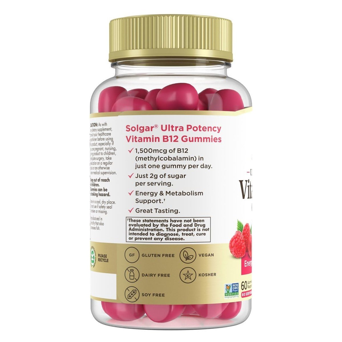 Solgar Methyl B12 Gummis für Erwachsene - 1.500 mcg Hochdosiertes Vitamin B12 für Energie & Stoffwechselunterstützung, Himbeergeschmack, Vegan & Glutenfrei, 2-Monatsvorrat, 60 Portionen, 2g Zucker