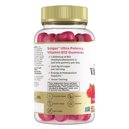 Solgar Methyl B12 Gummis für Erwachsene - 1.500 mcg Hochdosiertes Vitamin B12 für Energie & Stoffwechselunterstützung, Himbeergeschmack, Vegan & Glutenfrei, 2-Monatsvorrat, 60 Portionen, 2g Zucker