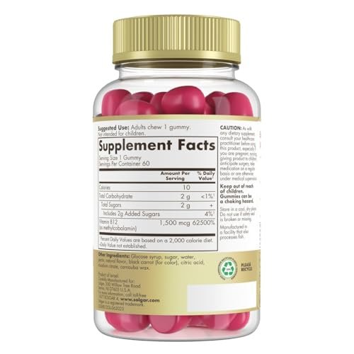 Solgar Methyl B12 Gummis für Erwachsene - 1.500 mcg Hochdosiertes Vitamin B12 für Energie & Stoffwechselunterstützung, Himbeergeschmack, Vegan & Glutenfrei, 2-Monatsvorrat, 60 Portionen, 2g Zucker