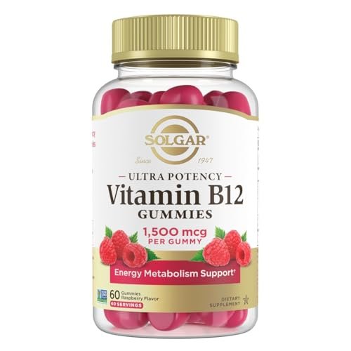 Solgar Methyl B12 Gummis für Erwachsene - 1.500 mcg Hochdosiertes Vitamin B12 für Energie & Stoffwechselunterstützung, Himbeergeschmack, Vegan & Glutenfrei, 2-Monatsvorrat, 60 Portionen, 2g Zucker
