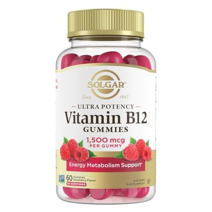Solgar Methyl B12 Gummis für Erwachsene - 1.500 mcg Hochdosiertes Vitamin B12 für Energie & Stoffwechselunterstützung, Himbeergeschmack, Vegan & Glutenfrei, 2-Monatsvorrat, 60 Portionen, 2g Zucker