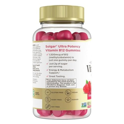 Solgar Methyl B12 Gummis für Erwachsene - 1.500 mcg Hochdosiertes Vitamin B12 für Energie & Stoffwechselunterstützung, Himbeergeschmack, Vegan & Glutenfrei, 2-Monatsvorrat, 60 Portionen, 2g Zucker