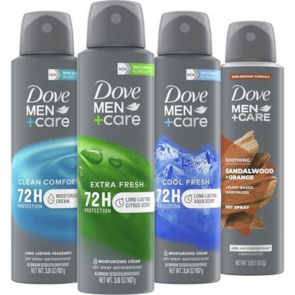 Dove Men+Care Dry Spray Antiperspirant Duft-Vielfalt 4er-Pack – mit Vitamin E, 72h Schutz vor Schweiß & Geruch, je 107 g (3,8 Oz)
