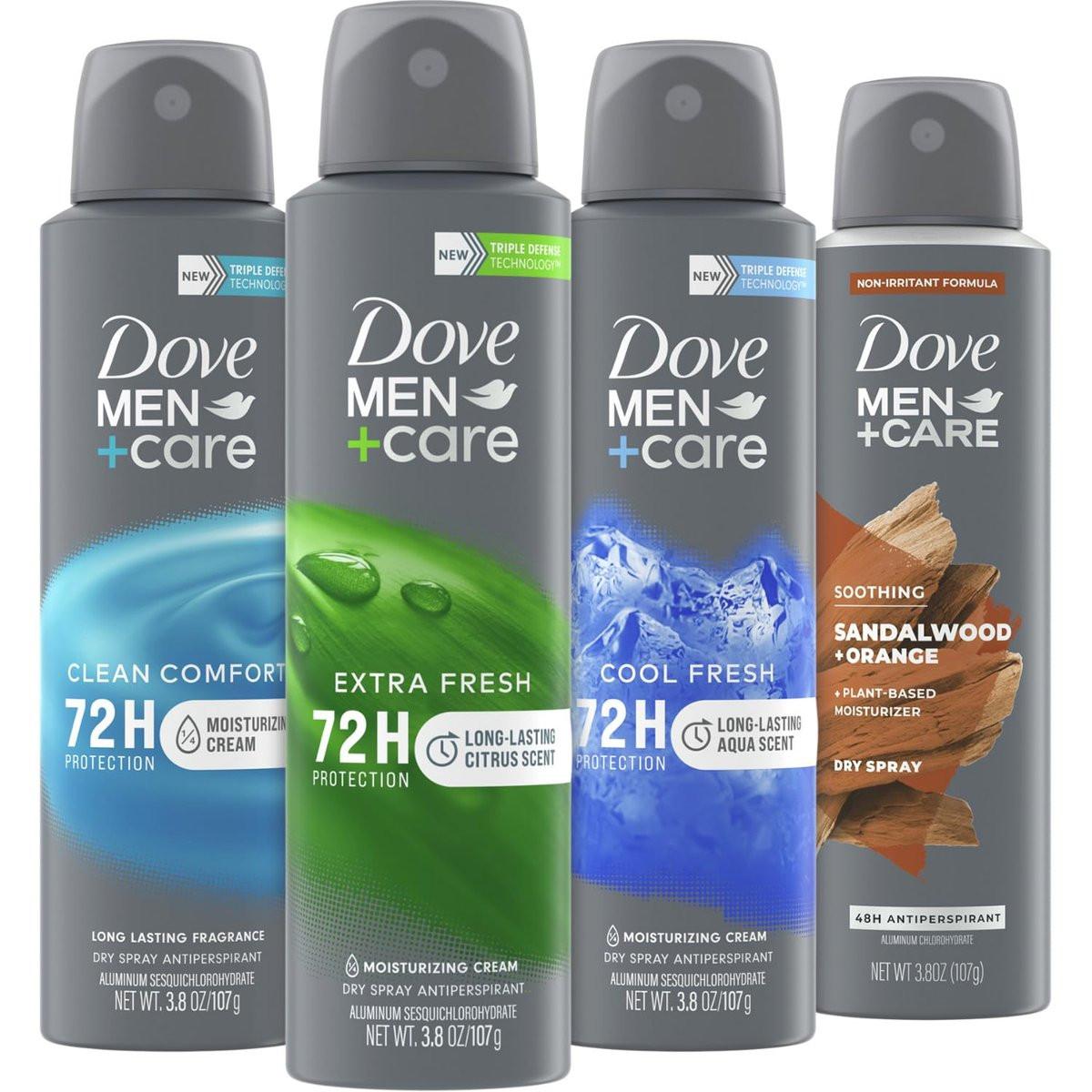 Dove Men+Care Dry Spray Antiperspirant Duft-Vielfalt 4er-Pack – mit Vitamin E, 72h Schutz vor Schweiß & Geruch, je 107 g (3,8 Oz)