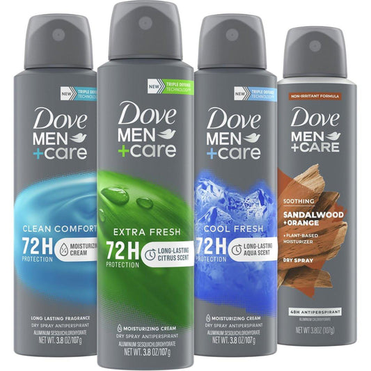 Dove Men+Care Dry Spray Antiperspirant Duft-Vielfalt 4er-Pack – mit Vitamin E, 72h Schutz vor Schweiß & Geruch, je 107 g (3,8 Oz)