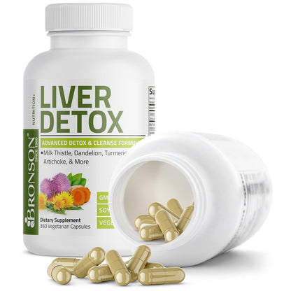 Bronson Leberreinigung Advanced Detox & Reinigungsformel Unterstützt gesunde Leberfunktion mit Mariendistel, Löwenzahn-Extrakt, Kurkuma, Artischockenblatt & mehr, Nicht-GVO, 360 vegane Kapseln