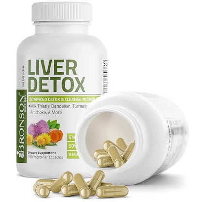 Bronson Leberreinigung Advanced Detox & Reinigungsformel Unterstützt gesunde Leberfunktion mit Mariendistel, Löwenzahn-Extrakt, Kurkuma, Artischockenblatt & mehr, Nicht-GVO, 360 vegane Kapseln