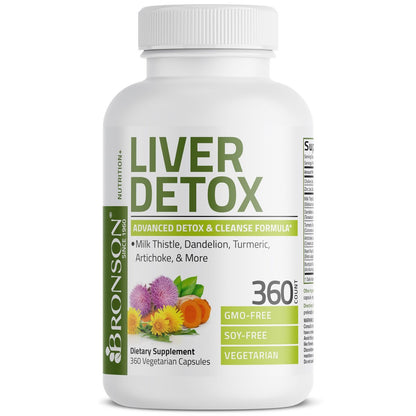 Bronson Leberreinigung Advanced Detox & Reinigungsformel Unterstützt gesunde Leberfunktion mit Mariendistel, Löwenzahn-Extrakt, Kurkuma, Artischockenblatt & mehr, Nicht-GVO, 360 vegane Kapseln