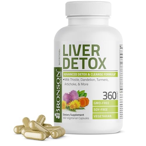 Bronson Leberreinigung Advanced Detox & Reinigungsformel Unterstützt gesunde Leberfunktion mit Mariendistel, Löwenzahn-Extrakt, Kurkuma, Artischockenblatt & mehr, Nicht-GVO, 360 vegane Kapseln