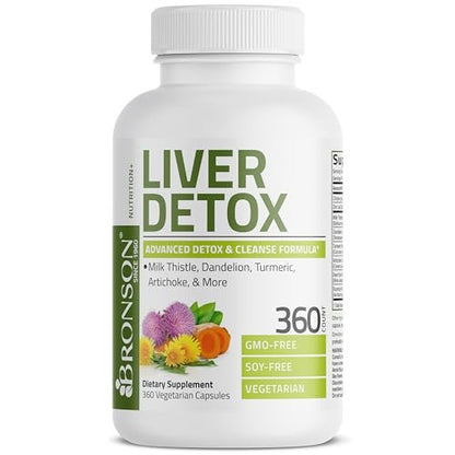 Bronson Leberreinigung Advanced Detox & Reinigungsformel Unterstützt gesunde Leberfunktion mit Mariendistel, Löwenzahn-Extrakt, Kurkuma, Artischockenblatt & mehr, Nicht-GVO, 360 vegane Kapseln