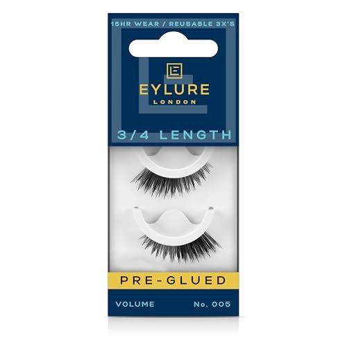 Eylure Press On Pre-Glued False Eyelashes, 3/4 Länge, Nr. 005, 1 Paar