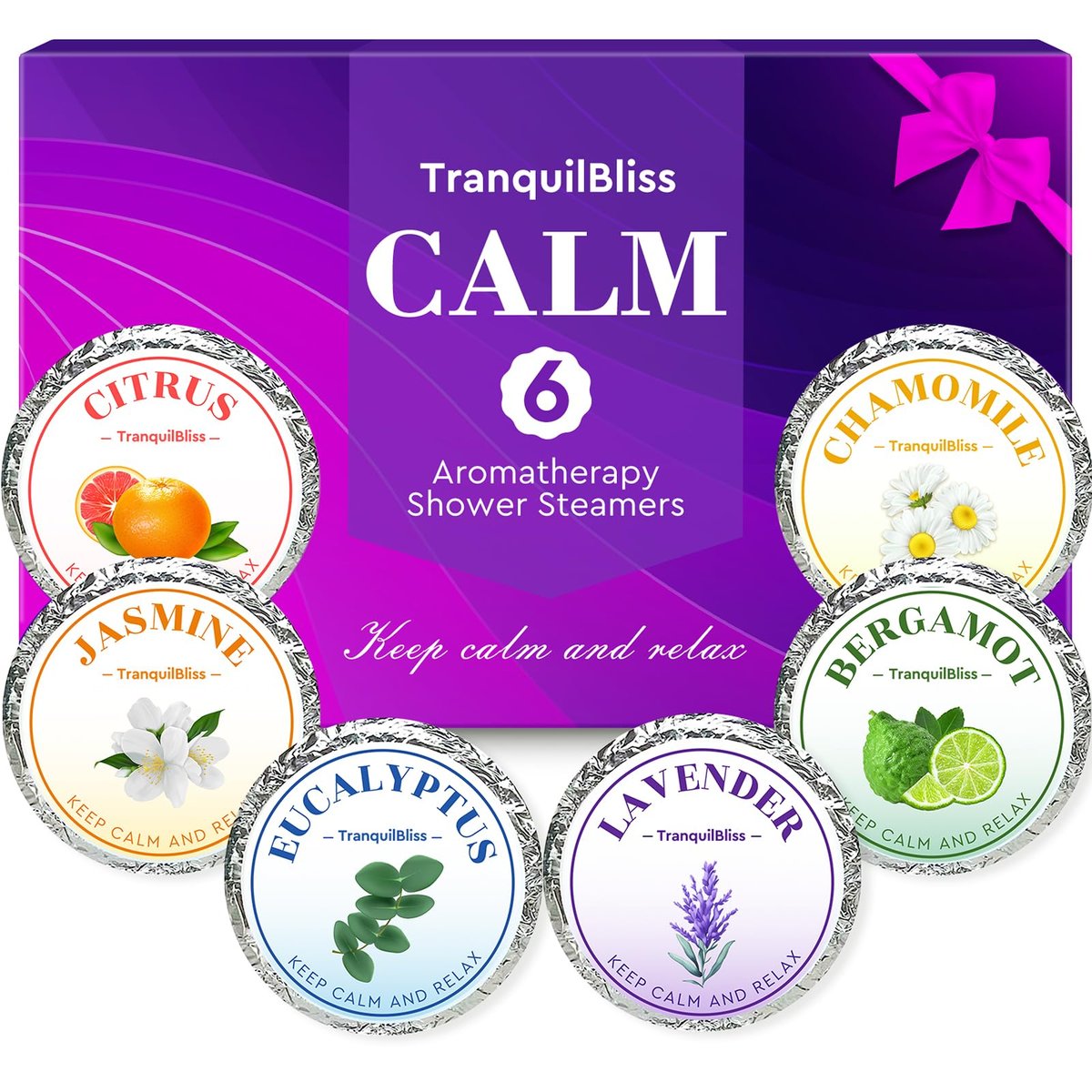 TranquilBliss Duschbomben, 6er Pack Duschtabletten mit natürlichem Duft, Selbstpflege & Entspannung, einzeln verpackt, Duschbomben für Frauen