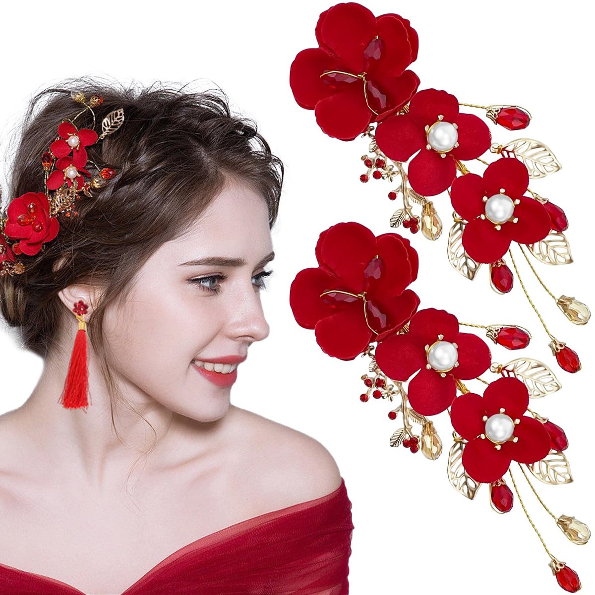 2er-Pack rote Blumen-Haarklammern, Rosen-Haarspangen mit Kristallperlen, Braut-Haarschmuck für Frauen und Mädchen, Party- und Hochzeitsaccessoires