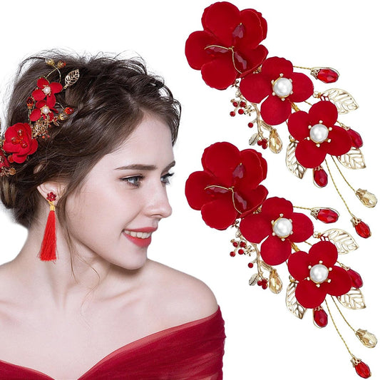 2er-Pack rote Blumen-Haarklammern, Rosen-Haarspangen mit Kristallperlen, Braut-Haarschmuck für Frauen und Mädchen, Party- und Hochzeitsaccessoires
