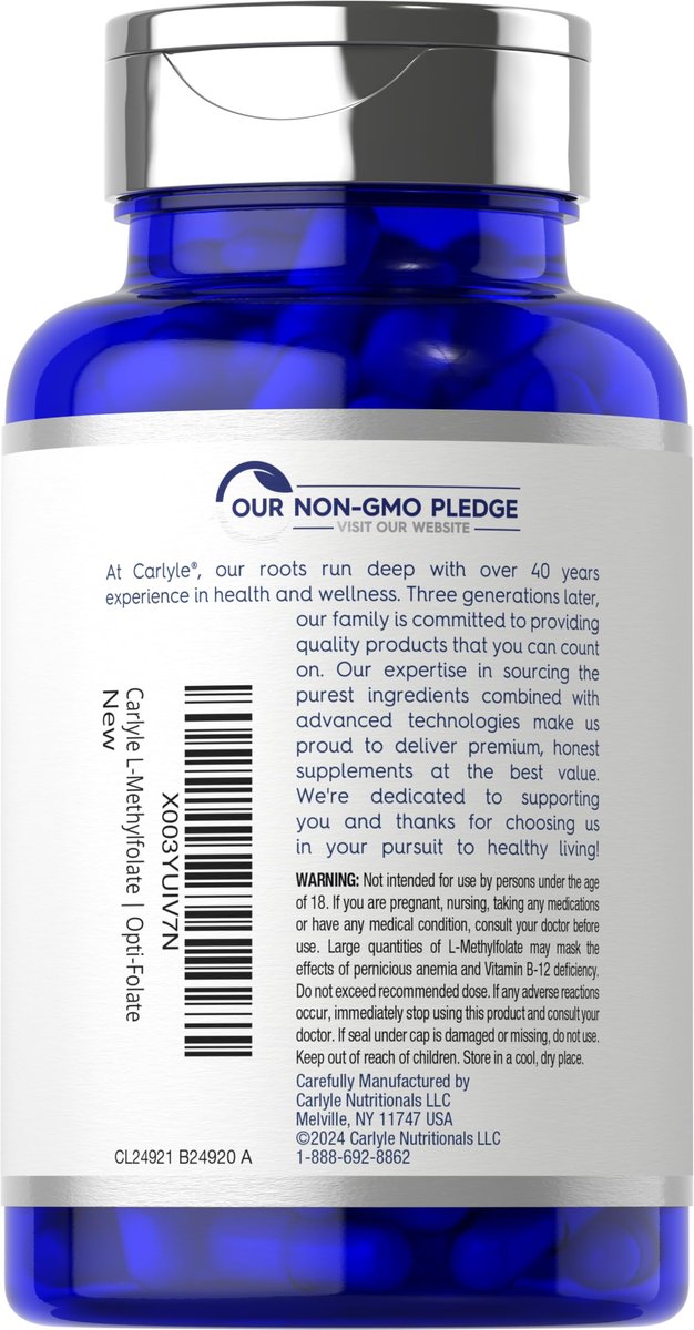 Carlyle L-Methylfolat 400 mcg | 120 vegane Kapseln | Optimiertes und aktiviertes Methylfolat | Non-GMO & glutenfrei | von Opti-Folate