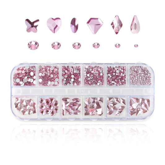 810-teiliges Nagel-Rhinestones-Set mit 60 großen Gems und 750 flachen runden Perlen – 3D-Glas-AB-Kristall-Nagelsteine für Nagelkunst, DIY, Make-up (Pink)