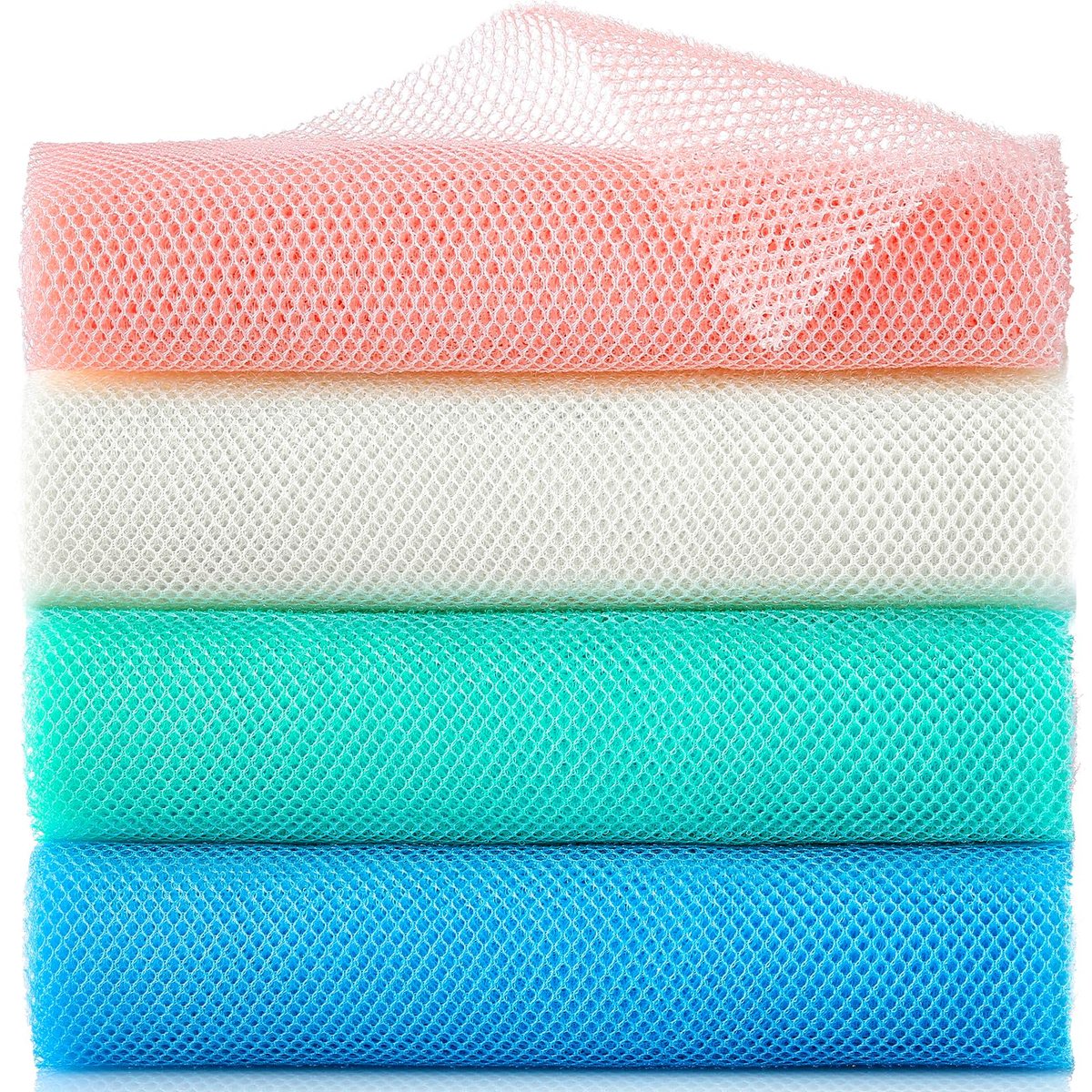 4-teiliges afrikanisches Peeling-Netz, langer afrikanischer Netzschwamm, Nylon-Afrikanisches-Netztuch, Peeling-Waschlappen, Körperpeeling für die Dusche, Rückenpeeling, Hautglätter für das Bad (mehrfarbig, 4 Stück)