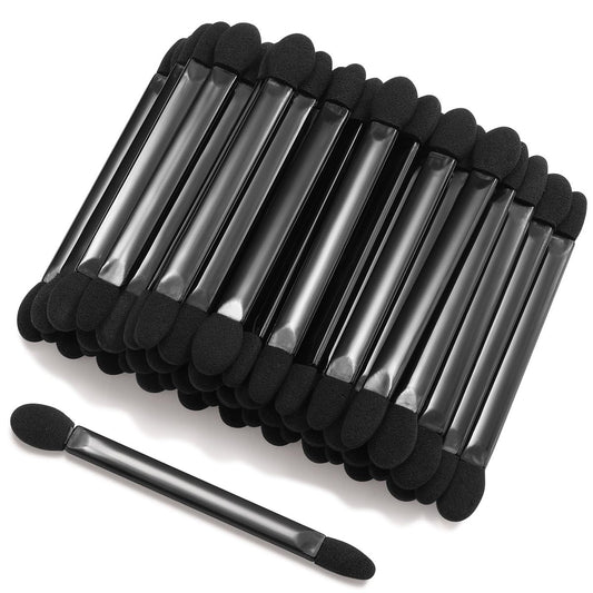 JOCEMY 50 Stück Professionelle Einweg-Eyeshadow-Pinsel mit Doppelseite, Doppelkopf-Lidschattenpinsel Make-up-Applikator Kosmetik-Werkzeug (Länge: 9,5 cm, flacher Griff, Schwarz)