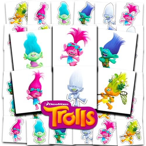 DreamWorks Trolls Tattoos Party Favors Bundle – 72 temporäre Tattoos für Kinder, 2x2 Zoll, einzeln perforiert