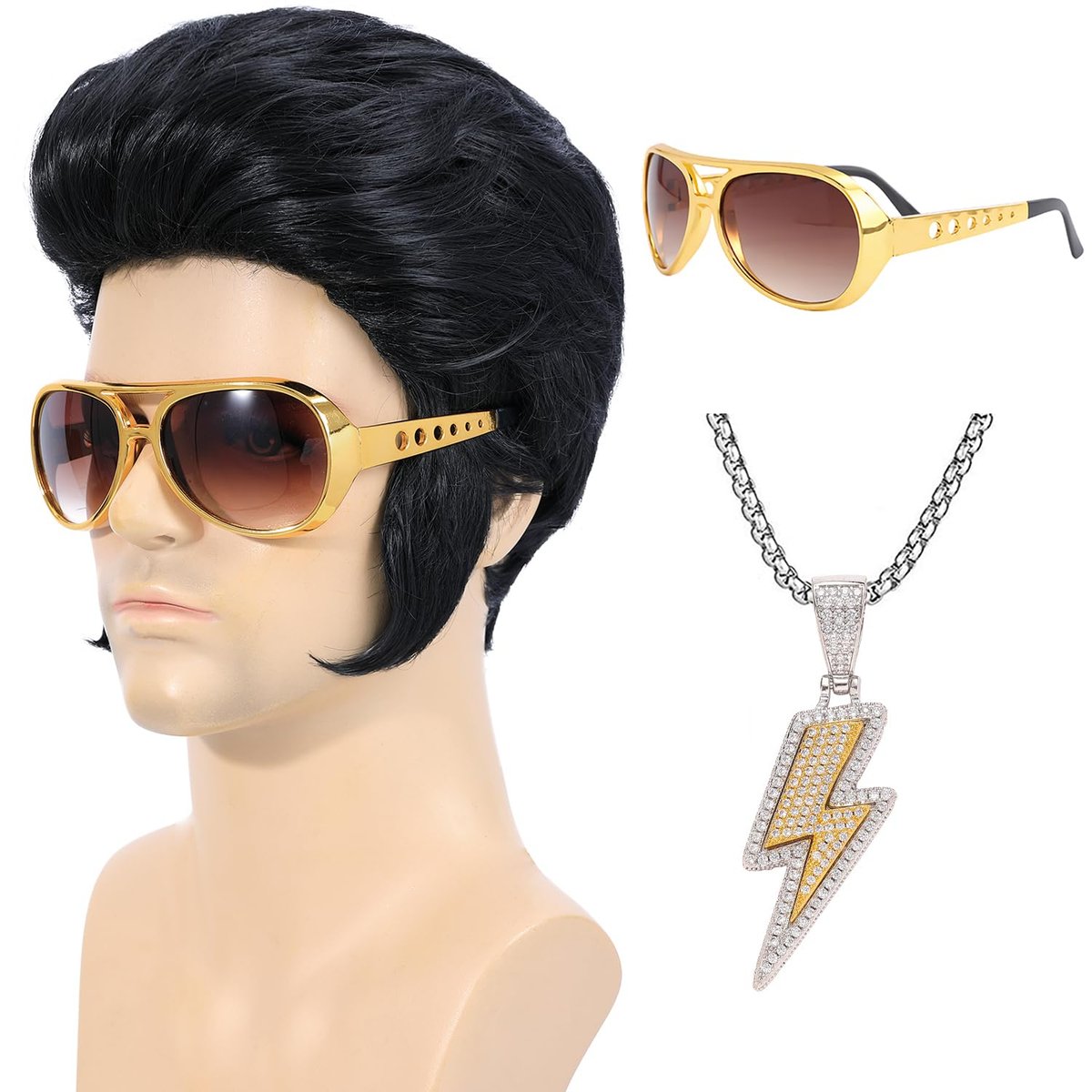 Bettecos 4-teiliges Set 50er Jahre Rock Wig mit Sonnenbrille und Halskette für Männer – Perücken für Cosplay, Halloween und Partys (Erwachsene)