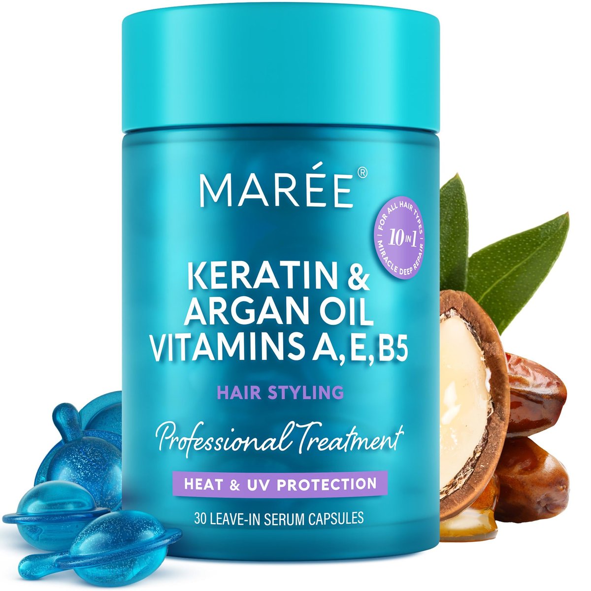 MAREE Haar Serum für trockenes, frizziges Haar – Styling-Kapseln mit Keratin, Arganöl, Vitamin A, E, B5 – UV- und Hitzeschutz, Frizz-Kontrolle für Frauen – 100 ml