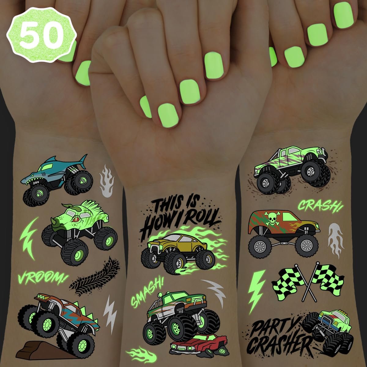 xo, Fetti Glow In The Dark Monster Truck Tattoos – 50 Folienstile | Geburtstagsdekoration, Partygeschenke für Jungen, Kunsthandwerk für Kinder