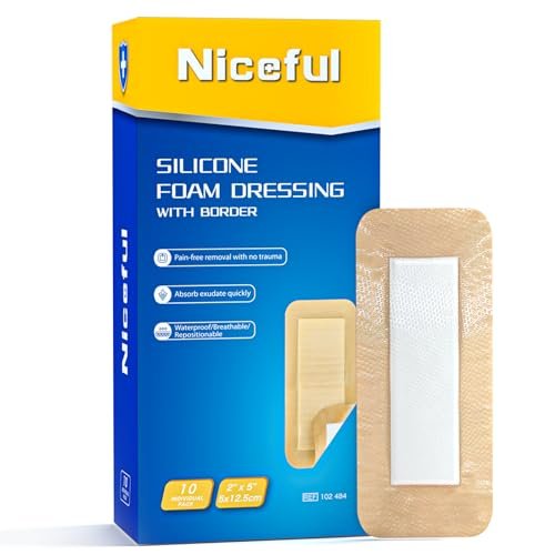 Niceful 10 Stück Silikon-Schaumstoffverband 5 x 12,7 cm – ultrawelche, wasserdichte Silikonpflaster mit Kleberand, hochsaugfähiger Schaumstoffverband für Dekubitus, Beingeschwüre