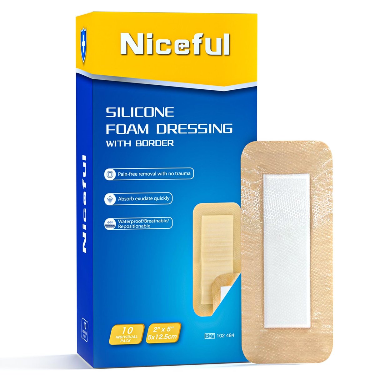 Niceful 10 Stück Silikon-Schaumstoffverband 5 x 12,7 cm – ultrawelche, wasserdichte Silikonpflaster mit Kleberand, hochsaugfähiger Schaumstoffverband für Dekubitus, Beingeschwüre