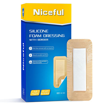 Niceful 10 Stück Silikon-Schaumstoffverband 5 x 12,7 cm – ultrawelche, wasserdichte Silikonpflaster mit Kleberand, hochsaugfähiger Schaumstoffverband für Dekubitus, Beingeschwüre