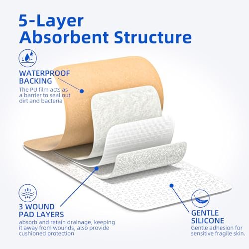 Niceful 10 Stück Silikon-Schaumstoffverband 5 x 12,7 cm – ultrawelche, wasserdichte Silikonpflaster mit Kleberand, hochsaugfähiger Schaumstoffverband für Dekubitus, Beingeschwüre