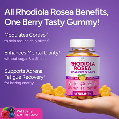 Zuckerfreie Rhodiola Rosea Gummibärchen (1500 mg/Portion) - Cortisol Detox & Nebennierenunterstützung - Rhodiola Rosea Supplement für Stimmung, Ausdauer & Leistung, Motivation, Non-GMO, 60 vegane Fruchtgummis