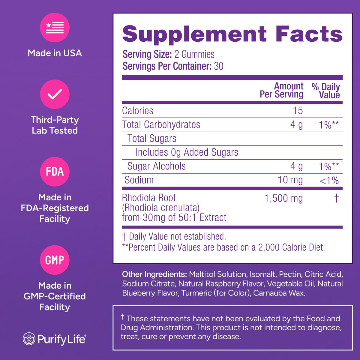 Zuckerfreie Rhodiola Rosea Gummibärchen (1500 mg/Portion) - Cortisol Detox & Nebennierenunterstützung - Rhodiola Rosea Supplement für Stimmung, Ausdauer & Leistung, Motivation, Non-GMO, 60 vegane Fruchtgummis