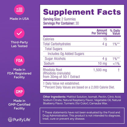 Zuckerfreie Rhodiola Rosea Gummibärchen (1500 mg/Portion) - Cortisol Detox & Nebennierenunterstützung - Rhodiola Rosea Supplement für Stimmung, Ausdauer & Leistung, Motivation, Non-GMO, 60 vegane Fruchtgummis