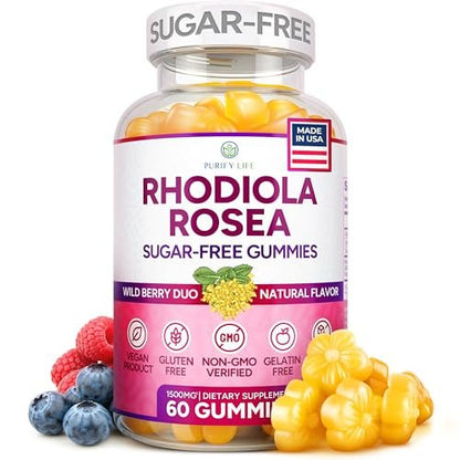 Zuckerfreie Rhodiola Rosea Gummibärchen (1500 mg/Portion) - Cortisol Detox & Nebennierenunterstützung - Rhodiola Rosea Supplement für Stimmung, Ausdauer & Leistung, Motivation, Non-GMO, 60 vegane Fruchtgummis