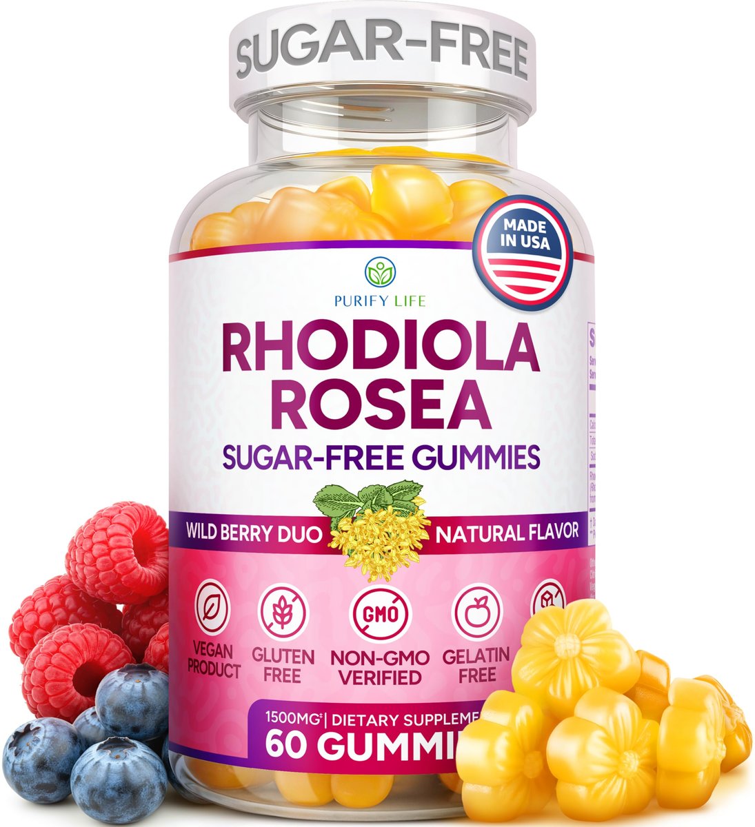 Zuckerfreie Rhodiola Rosea Gummibärchen (1500 mg/Portion) - Cortisol Detox & Nebennierenunterstützung - Rhodiola Rosea Supplement für Stimmung, Ausdauer & Leistung, Motivation, Non-GMO, 60 vegane Fruchtgummis
