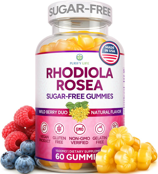 Zuckerfreie Rhodiola Rosea Gummibärchen (1500 mg/Portion) - Cortisol Detox & Nebennierenunterstützung - Rhodiola Rosea Supplement für Stimmung, Ausdauer & Leistung, Motivation, Non-GMO, 60 vegane Fruchtgummis