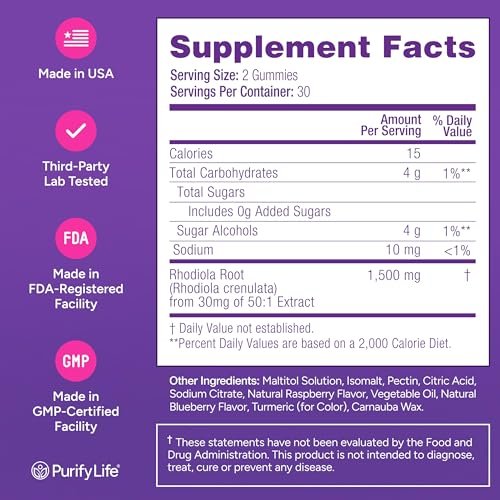 Zuckerfreie Rhodiola Rosea Gummibärchen (1500 mg/Portion) - Cortisol Detox & Nebennierenunterstützung - Rhodiola Rosea Supplement für Stimmung, Ausdauer & Leistung, Motivation, Non-GMO, 60 vegane Fruchtgummis