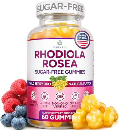 Zuckerfreie Rhodiola Rosea Gummibärchen (1500 mg/Portion) - Cortisol Detox & Nebennierenunterstützung - Rhodiola Rosea Supplement für Stimmung, Ausdauer & Leistung, Motivation, Non-GMO, 60 vegane Fruchtgummis