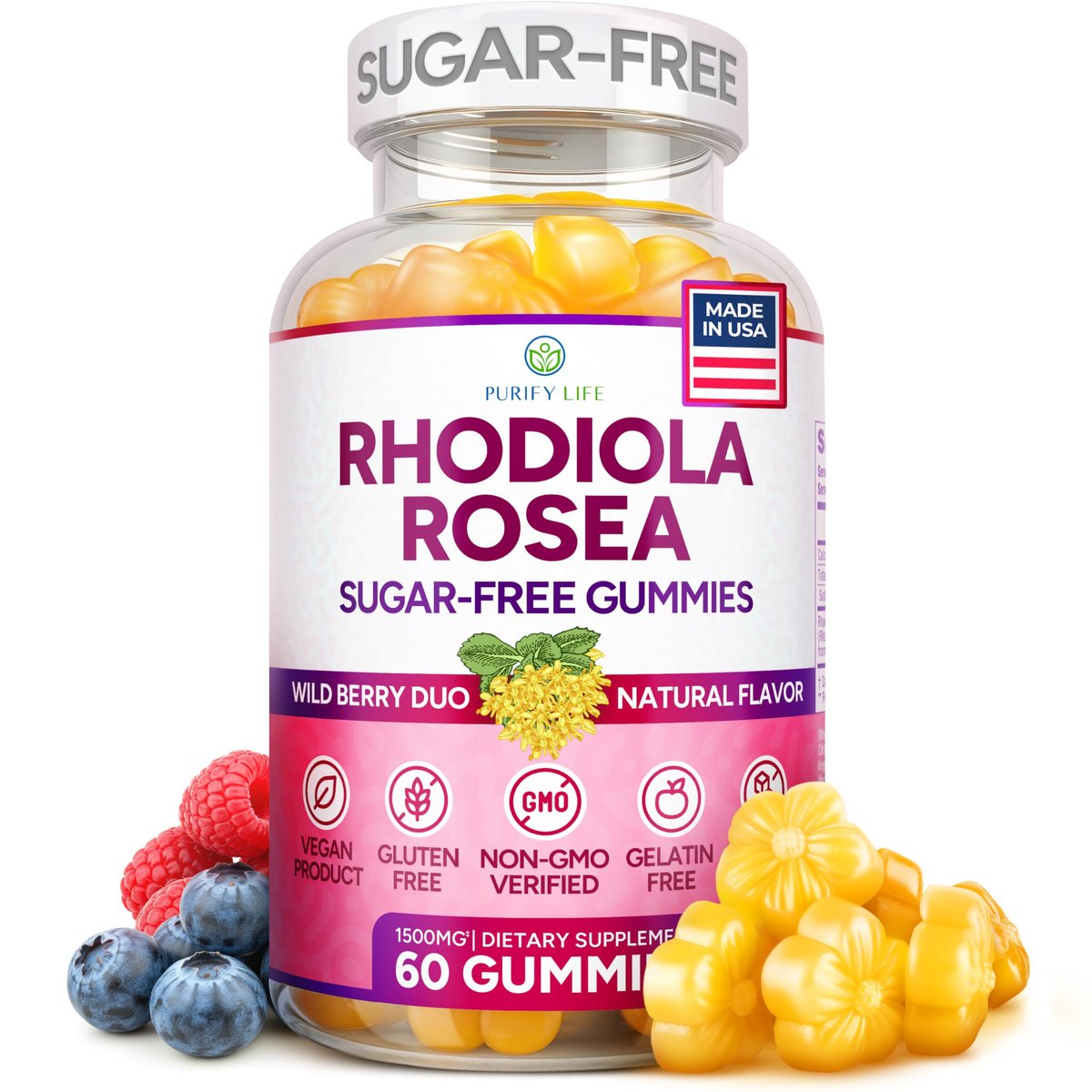Zuckerfreie Rhodiola Rosea Gummibärchen (1500 mg/Portion) - Cortisol Detox & Nebennierenunterstützung - Rhodiola Rosea Supplement für Stimmung, Ausdauer & Leistung, Motivation, Non-GMO, 60 vegane Fruchtgummis