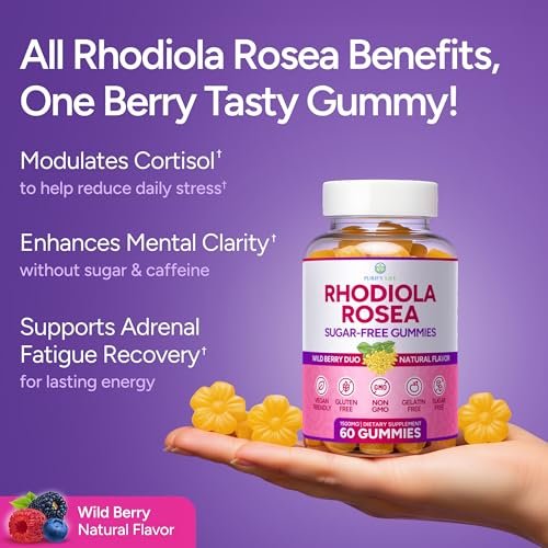 Zuckerfreie Rhodiola Rosea Gummibärchen (1500 mg/Portion) - Cortisol Detox & Nebennierenunterstützung - Rhodiola Rosea Supplement für Stimmung, Ausdauer & Leistung, Motivation, Non-GMO, 60 vegane Fruchtgummis