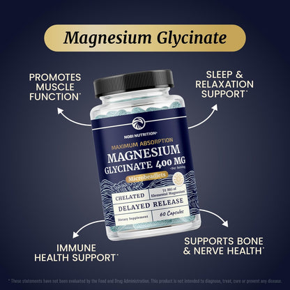 Magnesium Glycinat 400mg | Hochdosiertes, gut absorbierbares Magnesium für Schlaf, Ruhe, Muskelentspannung, Herz, Knochen & Nerven | Für Frauen & Männer | Fortschrittliche Mikroperlen | Chelatiertes Magnesiumglycinat | 60 Kapseln