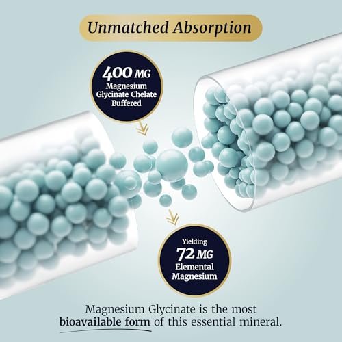 Magnesium Glycinat 400mg | Hochdosiertes, gut absorbierbares Magnesium für Schlaf, Ruhe, Muskelentspannung, Herz, Knochen & Nerven | Für Frauen & Männer | Fortschrittliche Mikroperlen | Chelatiertes Magnesiumglycinat | 60 Kapseln