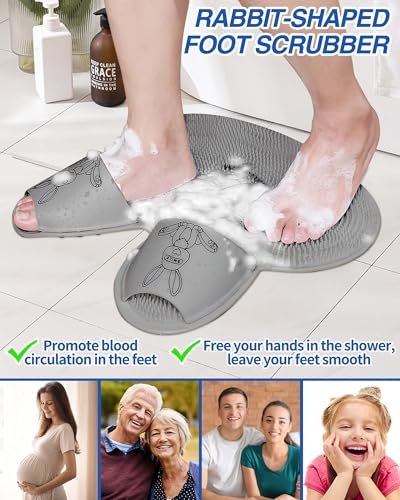 Manmihealth Extra-Large Shower Foot Scrubber Mat mit rutschfesten Saugnäpfen, hasenförmiger Silikon-Fußbürste für Männer & Frauen (Grau)