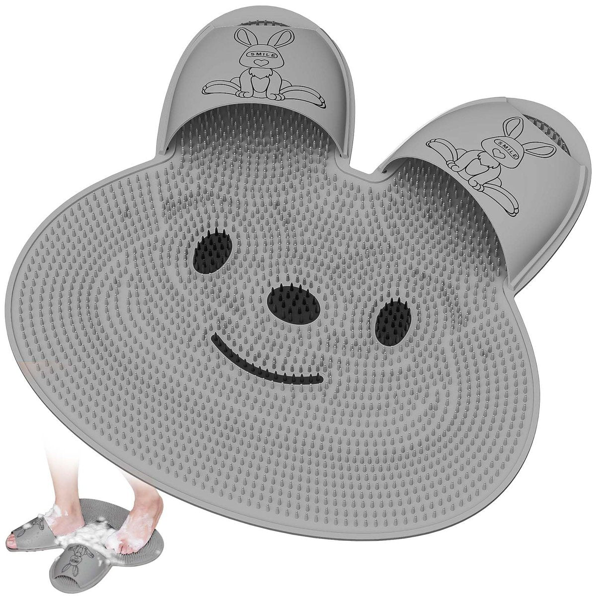Manmihealth Extra-Large Shower Foot Scrubber Mat mit rutschfesten Saugnäpfen, hasenförmiger Silikon-Fußbürste für Männer & Frauen (Grau)
