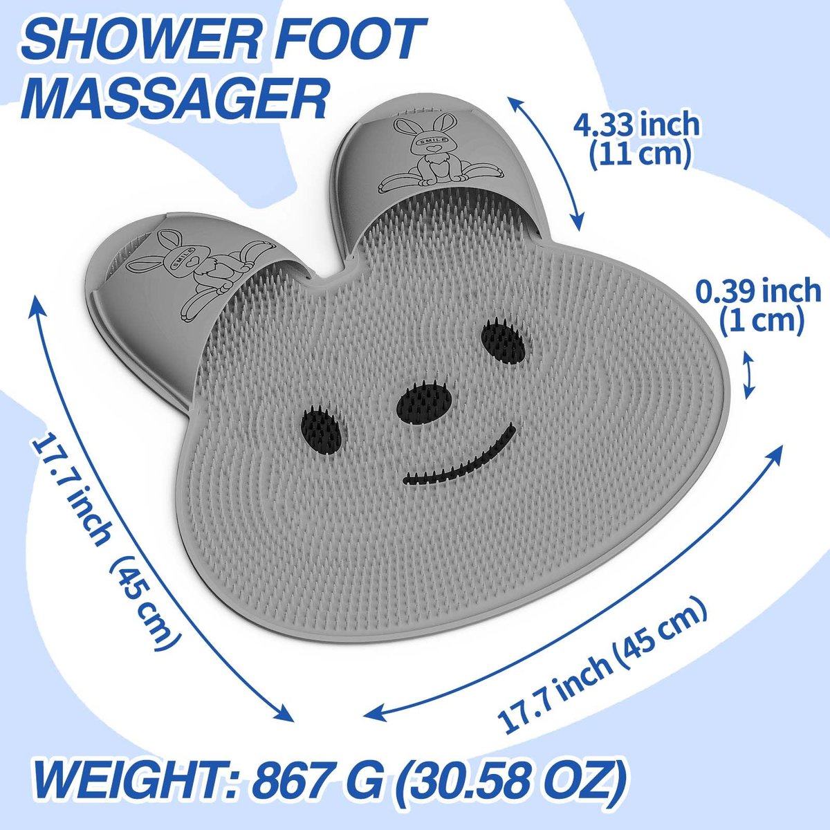 Manmihealth Extra-Large Shower Foot Scrubber Mat mit rutschfesten Saugnäpfen, hasenförmiger Silikon-Fußbürste für Männer & Frauen (Grau)