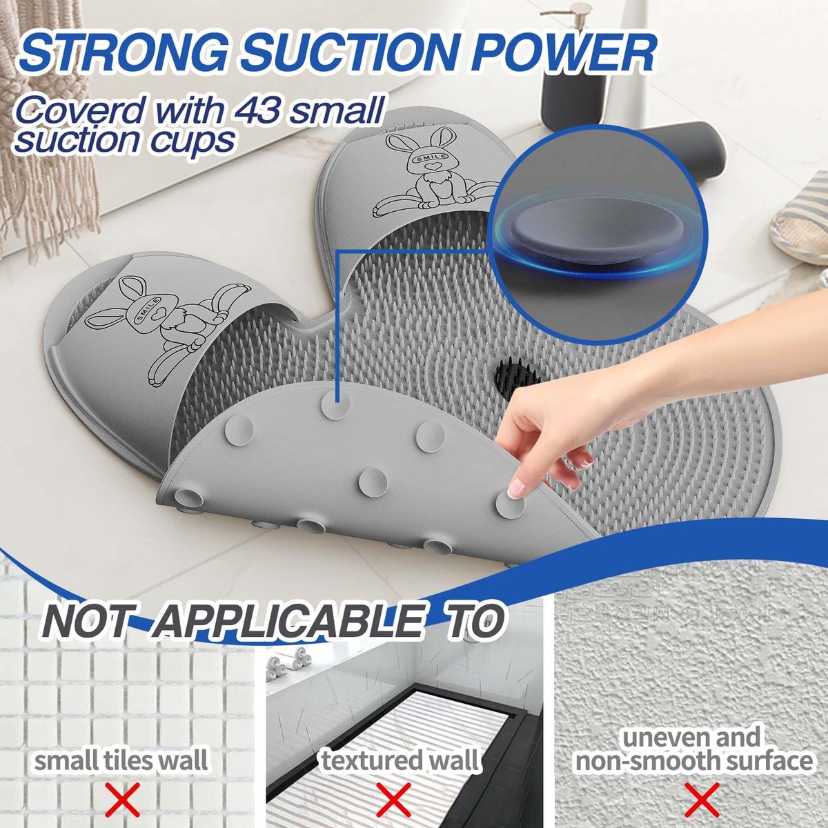 Manmihealth Extra-Large Shower Foot Scrubber Mat mit rutschfesten Saugnäpfen, hasenförmiger Silikon-Fußbürste für Männer & Frauen (Grau)