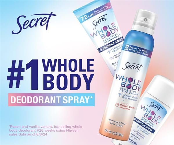 Secret Deodorant Stick für Frauen – Ganzkörper-Deodorant mit Pfirsich & Vanille, natürlich gewonnene Inhaltsstoffe, aluminiumfrei, 72h Schutz, 2,4 oz