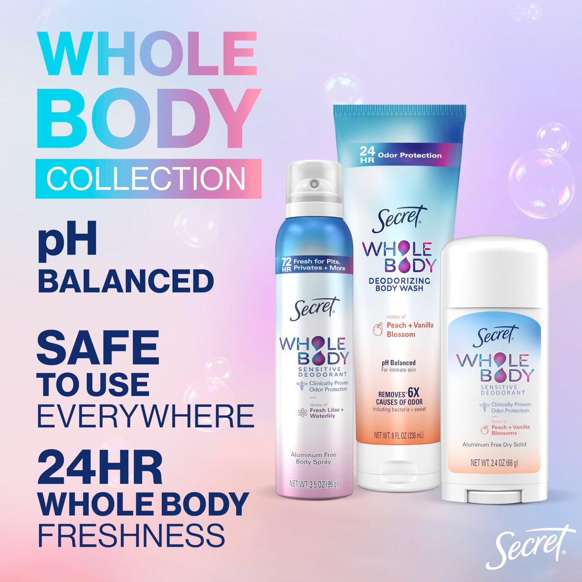 Secret Deodorant Stick für Frauen – Ganzkörper-Deodorant mit Pfirsich & Vanille, natürlich gewonnene Inhaltsstoffe, aluminiumfrei, 72h Schutz, 2,4 oz