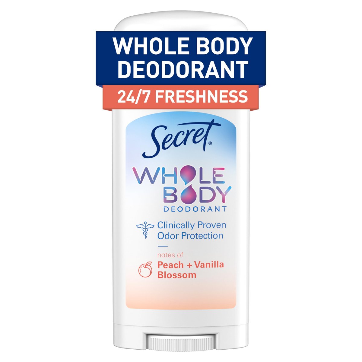 Secret Deodorant Stick für Frauen – Ganzkörper-Deodorant mit Pfirsich & Vanille, natürlich gewonnene Inhaltsstoffe, aluminiumfrei, 72h Schutz, 2,4 oz